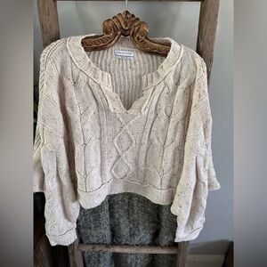 Urban Outfitters Cropped Cream V-Neck Cable Knit Sweater
